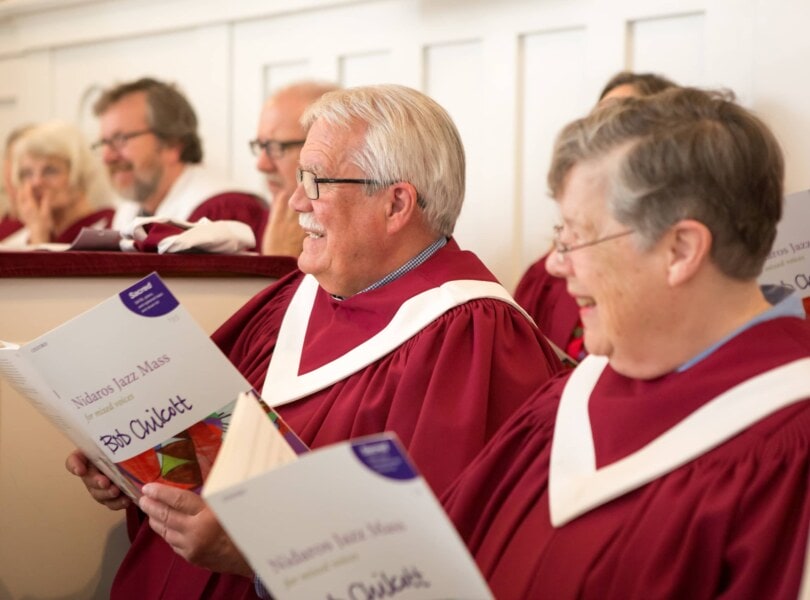Choir members during rehearsal at the First Congregational Church of Stockbridge