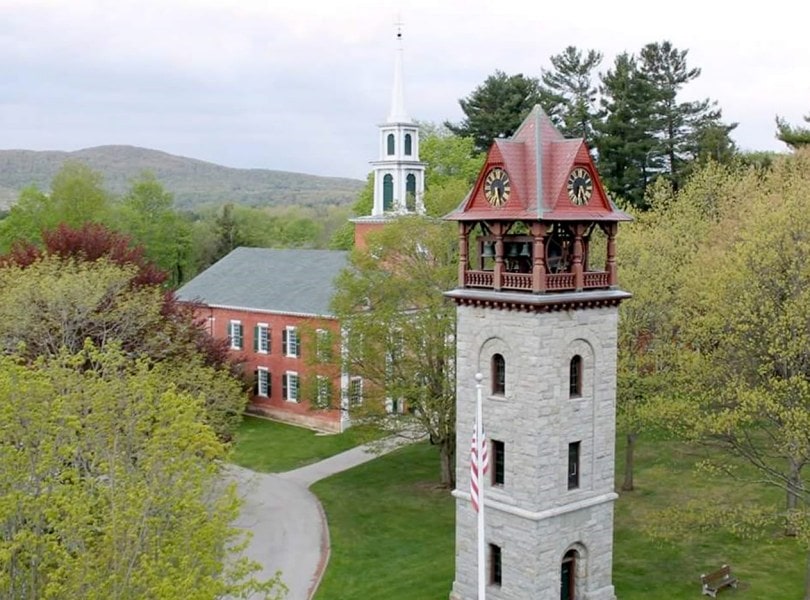 Aerial shot showing the Children's Chimes Tower and First Congregational Church in spring.