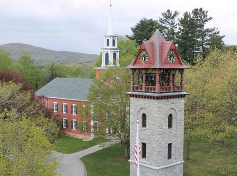 Aerial shot showing the Children's Chimes Tower and First Congregational Church in spring, with the rolling Berkshire Hills in the background.