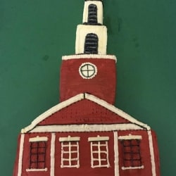 A cake decorated to look like the First Congregational Church of Stockbridge
